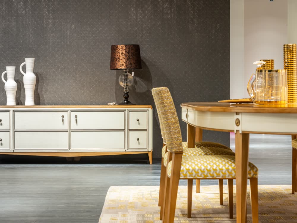 Dining table, chairs and sideboard