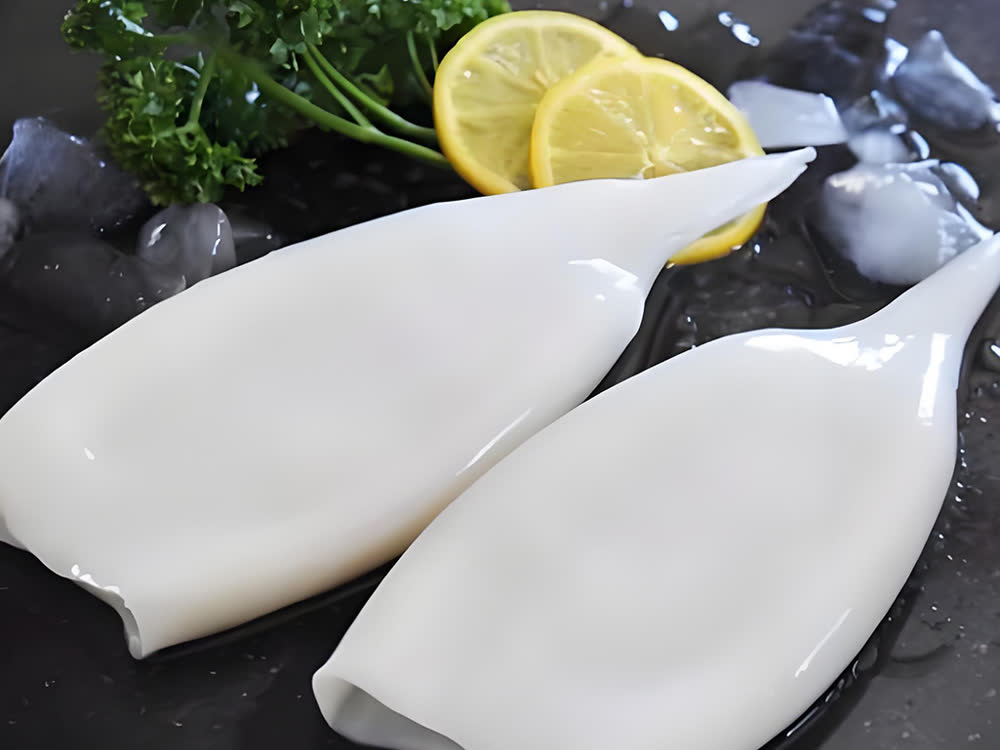 Cleaned white squid tubes on ice